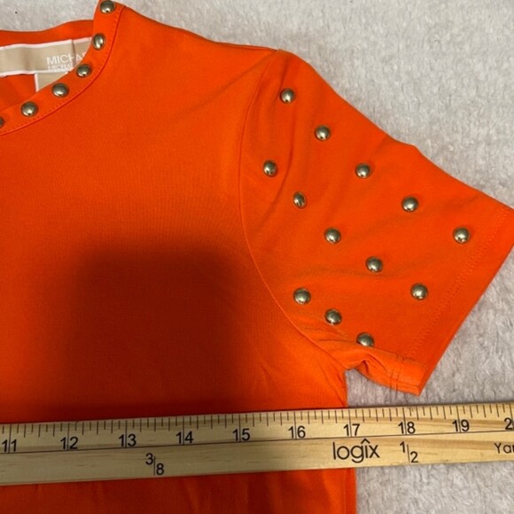 Michael Kors Womens Orange Gold Studded Short Sleeve Mini Dress Size Small - Picture 11 of 12